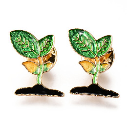 Honeyhandy Alloy Enamel Brooches, Enamel Pin, with Brass Butterfly Clutches, Sprout, Light Gold, Cadmium Free & Nickel Free & Lead Free, Lime Green, 22x19x2mm Pin: 1mm