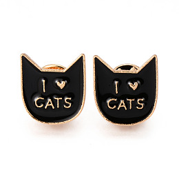 Honeyhandy Alloy Enamel Brooches, Enamel Pin, with Brass Butterfly Clutches, Cat Head with Word I Love Cats, Light Gold, Cadmium Free & Nickel Free & Lead Free, Black, 19x17x2mm, Pin: 1mm