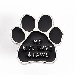 Honeyhandy Alloy Enamel Brooches, Enamel Pins, with Brass Butterfly Clutches, Dog Paw Prints with Word My Kids Have A Paws, Cadmium Free & Nickel Free & Lead Free, Platinum, Black, 1x1 inch(24.5x25mm), Pin: 1mm