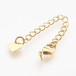 Honeyhandy Brass Chain Extender, with Lobster Claw Clasps, Cadmium Free & Nickel Free & Lead Free, Long-Lasting Plated, Heart, Real 18K Gold Plated, 67x3mm, Hole: 2.5mm, Clasps: 10x6x3mm