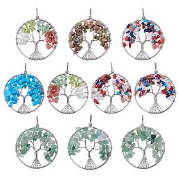 NBEADS 10 PCS Random Mixed Color Gemstone Big Pendants, Flat Round Tree of Life Gemstone Crystal Pendant for Necklace Jewelry Making