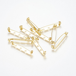 Honeyhandy Grade AAA Brass Brooch Findings, Back Bar Pins, with Three Holes, Cadmium Free & Nickel Free & Lead Free, Real 18K Gold Plated, 40x5x7mm, Hole: 2mm, Pin: 1mm