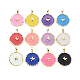 Honeyhandy Brass Enamel Pendants, Cadmium Free & Nickel Free & Lead Free, Real 16K Gold Plated, Flat Round with Star, Mixed Color, 20.5x15.5x4.5mm, Hole: 2.5x3mm