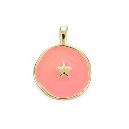 Honeyhandy Brass Enamel Pendants, Cadmium Free & Nickel Free & Lead Free, Real 16K Gold Plated, Flat Round with Star, Light Coral, 20.5x15.5x4.5mm, Hole: 2.5x3mm