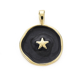 Honeyhandy Brass Enamel Pendants, Cadmium Free & Nickel Free & Lead Free, Real 16K Gold Plated, Flat Round with Star, Black, 20.5x15.5x4.5mm, Hole: 2.5x3mm