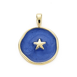 Honeyhandy Brass Enamel Pendants, Cadmium Free & Nickel Free & Lead Free, Real 16K Gold Plated, Flat Round with Star, Dark Blue, 20.5x15.5x4.5mm, Hole: 2.5x3mm