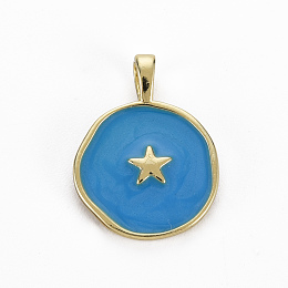 Honeyhandy Brass Enamel Pendants, Cadmium Free & Nickel Free & Lead Free, Real 16K Gold Plated, Flat Round with Star, Steel Blue, 20.5x15.5x4.5mm, Hole: 2.5x3mm