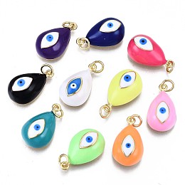 Honeyhandy Real 16K Gold Plated Brass Enamel Pendants, with Jump Ring, Cadmium Free & Nickel Free & Lead Free, Teardrop with Evil Eye, Mixed Color, 19~20x11x7~8mm, Jump Ring: 5x0.6mm, Inner Diameter: 3mm