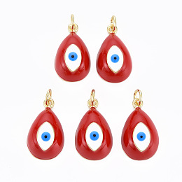 ARRICRAFT Real 16K Gold Plated Brass Enamel Pendants, with Jump Ring, Cadmium Free & Nickel Free & Lead Free, Teardrop with Evil Eye, FireBrick, 19~20x11x7~8mm, Jump Ring: 5x0.6mm, Inner Diameter: 3mm