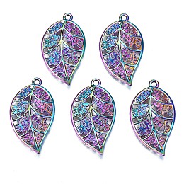 Honeyhandy Rainbow Color Alloy Pendants, Cadmium Free & Nickel Free & Lead Free, Leaf, 36x19.5x3mm, Hole: 1.8mm