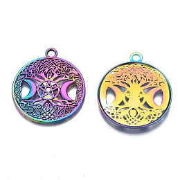 Honeyhandy Rainbow Color Alloy Pendants, Cadmium Free & Nickel Free & Lead Free, Flat Round with Moon & Star, 38.5x34x2.5mm, Hole: 3mm