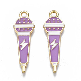 Alloy Enamel Pendants, Cadmium Free & Nickel Free & Lead Free, Light Gold, Microphone with Lightning Bolt, Medium Orchid, 29x9x1.5mm, Hole: 2mm