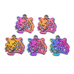 Honeyhandy Rainbow Color Alloy Pendants, Cadmium Free & Nickel Free & Lead Free, Tiger Head, 26.5x24x1.5mm, Hole: 2mm