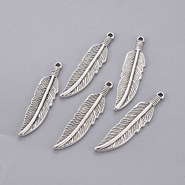 Honeyhandy Tibetan Style Alloy Charms, Lead Free & Cadmium Free & Nickel Free, Feather, Antique Silver, 42x10x2mm, Hole: 2mm