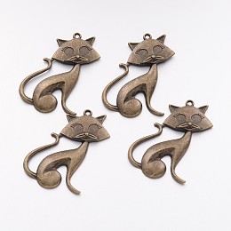 Honeyhandy Tibetan Style Alloy Kitten Pendants, Cadmium Free & Nickel Free & Lead Free, Cartoon Cat Shape, Antique Bronze, 46x30x5mm, Hole: 2mm