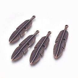 Honeyhandy Tibetan Style Alloy Feather Big Pendants, Cadmium Free & Nickel Free & Lead Free, Red Copper, 61x15x3mm, Hole: 2mm