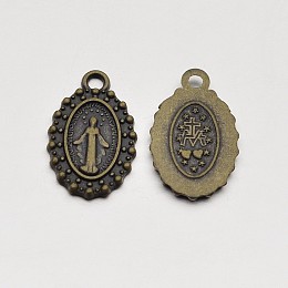 Honeyhandy Oval Tibetan Style Alloy Charms, Virgin Mary with Cross & Heart, Cadmium Free & Nickel Free & Lead Free, Antique Bronze, 15x9x1mm, Hole: 1.5mm