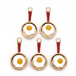 Honeyhandy Rack Plating Alloy Enamel Pendants, Light Gold, Cadmium Free & Nickel Free & Lead Free, Pan with Egg, Goldenrod, 28x14x4mm, Hole: 1.8mm