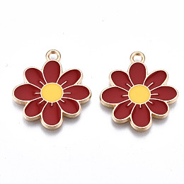 Honeyhandy Eco-Friendly Alloy Enamel Pendants, Cadmium Free & Lead Free & Nickel Free, Flower, Light Gold, FireBrick, 23x20.5x1.2mm, Hole: 2mm