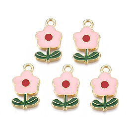 Honeyhandy Eco-Friendly Zinc Alloy  Pendants, with Enamel, Flower, Cadmium Free & Nickel Free & Lead Free, Golden, Pink, 19.5x11x2.5mm, Hole: 2mm