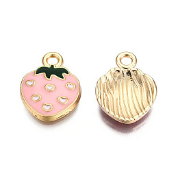 Honeyhandy Eco-Friendly Zinc Alloy  Pendants, with Enamel, Strawberry, Cadmium Free & Nickel Free & Lead Free, Golden, Pink, 16.5x12.5x2.5mm, Hole: 2mm