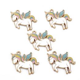 Honeyhandy Rack Plating Alloy Enamel Pendants, Cadmium Free & Nickel Free & Lead Free, Unicorn, Light Gold, White, 26x25x2mm, Hole: 2mm