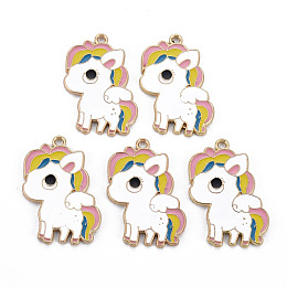 Honeyhandy Rack Plating Alloy Enamel Pendants, Cadmium Free & Nickel Free & Lead Free, Unicorn, Light Gold, White, 33x24x1mm, Hole: 2mm