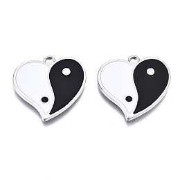 Honeyhandy Eco-Friendly Alloy Enamel Pendants, Cadmium Free & Lead Free & Nickel Free, Heart with Yin Yang, Platinum, Black and White, 21x21x1.5mm, Hole: 2mm