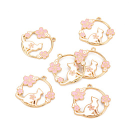 Honeyhandy Eco-Friendly Alloy Enamel Pendants, Cadmium Free & Lead Free & Nickel Free, Light Gold, Ring with Cat and Sakura, Pink, 30x31x2.5mm, Hole: 1.8mm