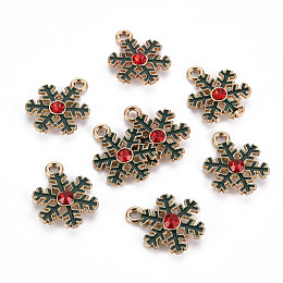 Honeyhandy Eco-Friendly Alloy Enamel Pendants, with Rhinestone, Cadmium Free & Lead Free & Nickel Free, Light Gold, Snowflake, Green, 22x16.5x3.5mm, Hole: 2mm