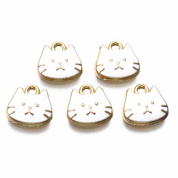 Honeyhandy Alloy Enamel Charms, Light Gold, Cadmium Free & Nickel Free & Lead Free, Cat, White, 11.5x11.5x3mm, Hole: 1.4mm