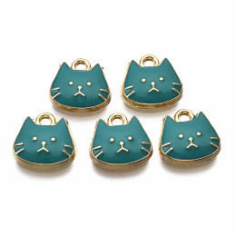 Honeyhandy Alloy Enamel Charms, Light Gold, Cadmium Free & Nickel Free & Lead Free, Cat, Dark Cyan, 11.5x11.5x3mm, Hole: 1.4mm