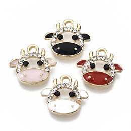 Honeyhandy Eco-Friendly Zinc Alloy Charms, with Enamel and Crystal Rhinestone, Cadmium Free & Nickel Free & Lead Free, Cow, Light Gold, Mixed Color, 14x15x3mm, Hole: 1.8mm