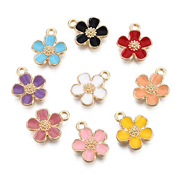 Honeyhandy Eco-Friendly Zinc Alloy Pendants, with Enamel, Cadmium Free & Nickel Free & Lead Free, 5- Petal Flower, Light Gold, Mixed Color, 16x13x3mm, Hole: 1.8mm