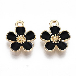 Honeyhandy Eco-Friendly Zinc Alloy Pendants, with Enamel, Cadmium Free & Nickel Free & Lead Free, 5- Petal Flower, Light Gold, Black, 16x13x3mm, Hole: 1.8mm