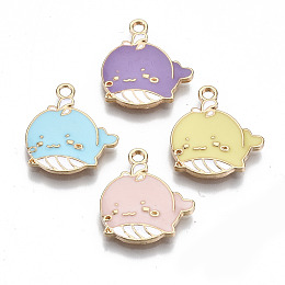 Honeyhandy Eco-Friendly Zinc Alloy Pendants, with Enamel, Cadmium Free & Nickel Free & Lead Free, Whale Shape, Light Gold, Mixed Color, 19x17~18x2mm, Hole: 1.8mm