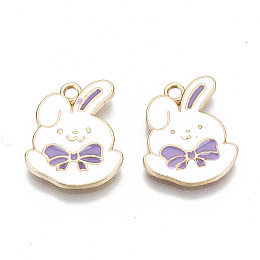 Honeyhandy Eco-Friendly Zinc Alloy Pendants, with Enamel, Cadmium Free & Nickel Free & Lead Free, Rabbit with Bowkont, Light Gold, Medium Purple, 20x15x2.5mm, Hole: 2mm