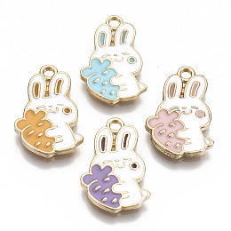 Honeyhandy Eco-Friendly Zinc Alloy Pendants, with Enamel, Cadmium Free & Nickel Free & Lead Free, Rabbit with Carrot, Light Gold, Mixed Color, 21x13x2mm, Hole: 2mm