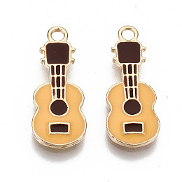 Honeyhandy Eco-Friendly Zinc Alloy Pendants, with Enamel, Cadmium Free & Nickel Free & Lead Free, Guitar Shape, Light Gold, Goldenrod, 23x9x2mm, Hole: 2mm