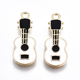 Honeyhandy Eco-Friendly Zinc Alloy Pendants, with Enamel, Cadmium Free & Nickel Free & Lead Free, Guitar Shape, Light Gold, Black, 23x9x2mm, Hole: 2mm