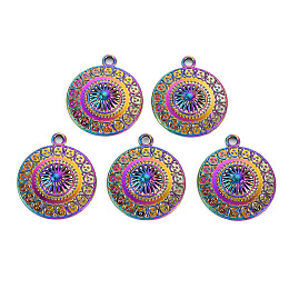 Rainbow Color Alloy Pendants, Cadmium Free & Nickel Free & Lead Free, Flat Round, 25x22x4.5mm, Hole: 2mm