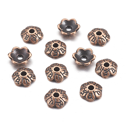 Honeyhandy 6-Petal Tibetan Style Alloy Flower Bead Caps, Cadmium Free & Nickel Free & Lead Free, Red Copper, 6x2mm, Hole: 1mm