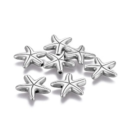 Honeyhandy Tibetan Style Alloy Beads, Lead Free & Nickel Free & Cadmium Free, Starfish/Sea Stars, Thailand Sterling Silver Plated, 14x14x3.5mm, Hole: 1.2mm