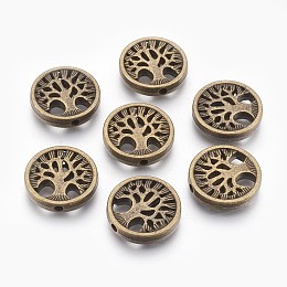 Honeyhandy Tibetan Style Alloy Beads, Flat Round with Tree, Cadmium Free & Nickel Free & Lead Free, Antique Bronze, 18x4mm, Hole: 1.5mm