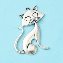 Honeyhandy Tibetan Style Alloy Kitten Pendants, Cat Shape, Cadmium Free & Nickel Free & Lead Free, Antique Silver, 46x30x5mm, Hole: 2mm