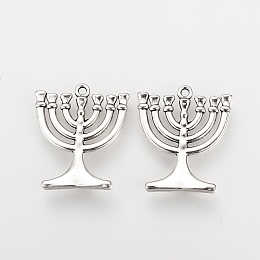 Honeyhandy Tibetan Style Alloy Pendants, Judaica Temple Menorah Charms, Seven-branch Candlestick, Cadmium Free & Nickel Free & Lead Free, Antique Silver, 23x20x2mm, Hole: 1.5mm