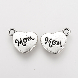 Honeyhandy Mother's Day Theme, Tibetan Style Alloy Pendants, Heart with Word Mom, Cadmium Free & Nickel Free & Lead Free, Antique Silver, 15x17.5x2.5mm, Hole: 2.5mm