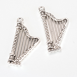 Honeyhandy Tibetan Style Alloy Harp Pendants, Musical Instruments, Cadmium Free & Nickel Free & Lead Free, Antique Silver, 39x20x4.5mm, Hole: 2.5mm