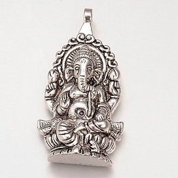Honeyhandy Tibetan Style Alloy Big Pendants, Hindu Elephant God Lord Ganesh Statue, Cadmium Free & Nickel Free & Lead Free, Antique Silver, 61x32x7mm, Hole: 3.5mm
