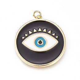 Arricraft Brass Enamel Pendants, Long-Lasting Plated, Lead Free & Cadmium Free & Nickel Free, Flat Round with Evil Eye, Real 18K Gold Plated, Black, 31x28.5x2mm, Hole: 3.5mm